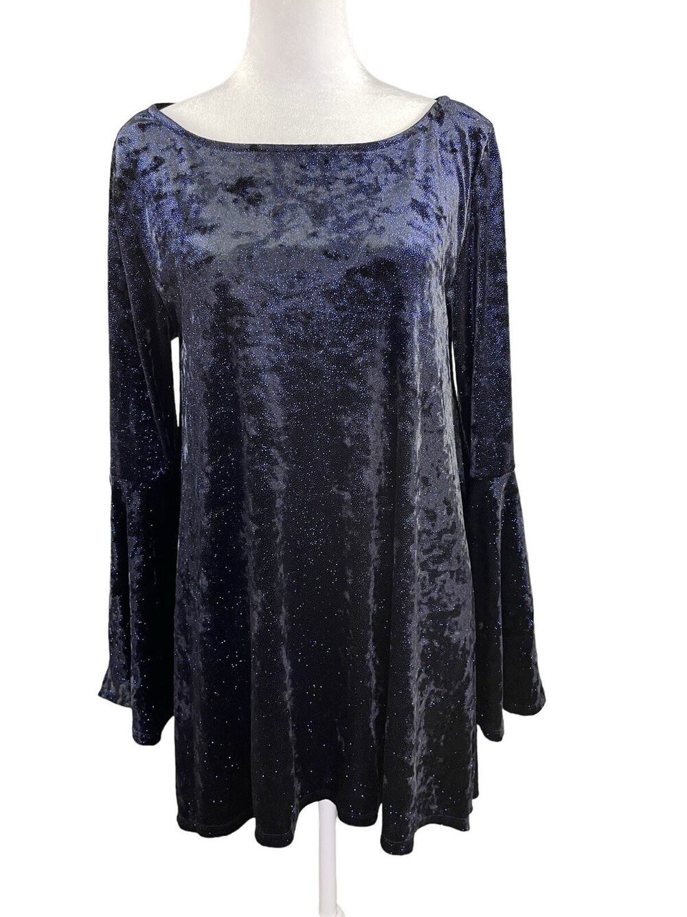 Joan Vass M Sparkle Velour Tunic Top Bell Sleeves Midnight Blue Holiday Stretch